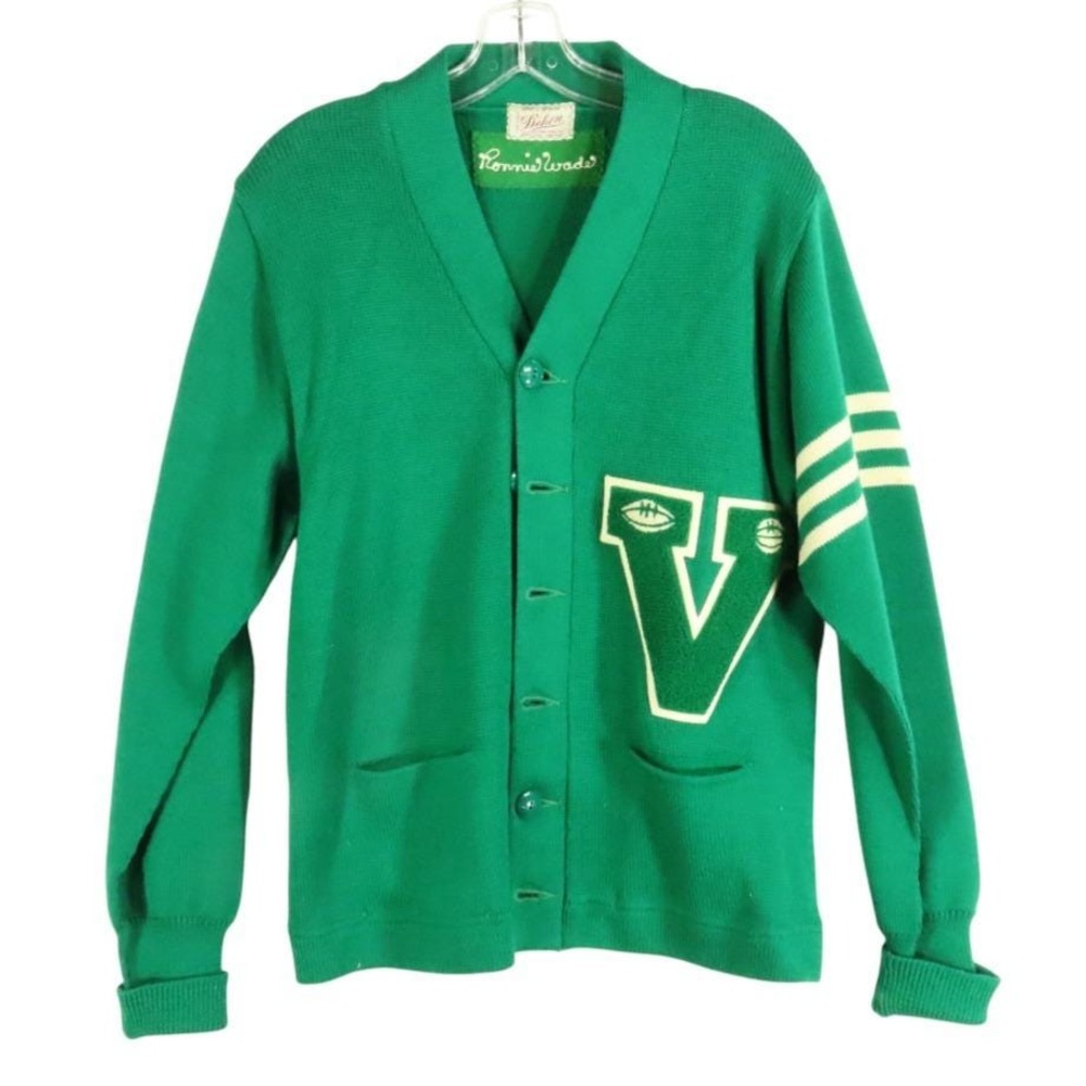 VTG Dehen Varsity Sweater VAN BUREN ARKANSAS LETTERMAN Cardigan Green Wool 40"